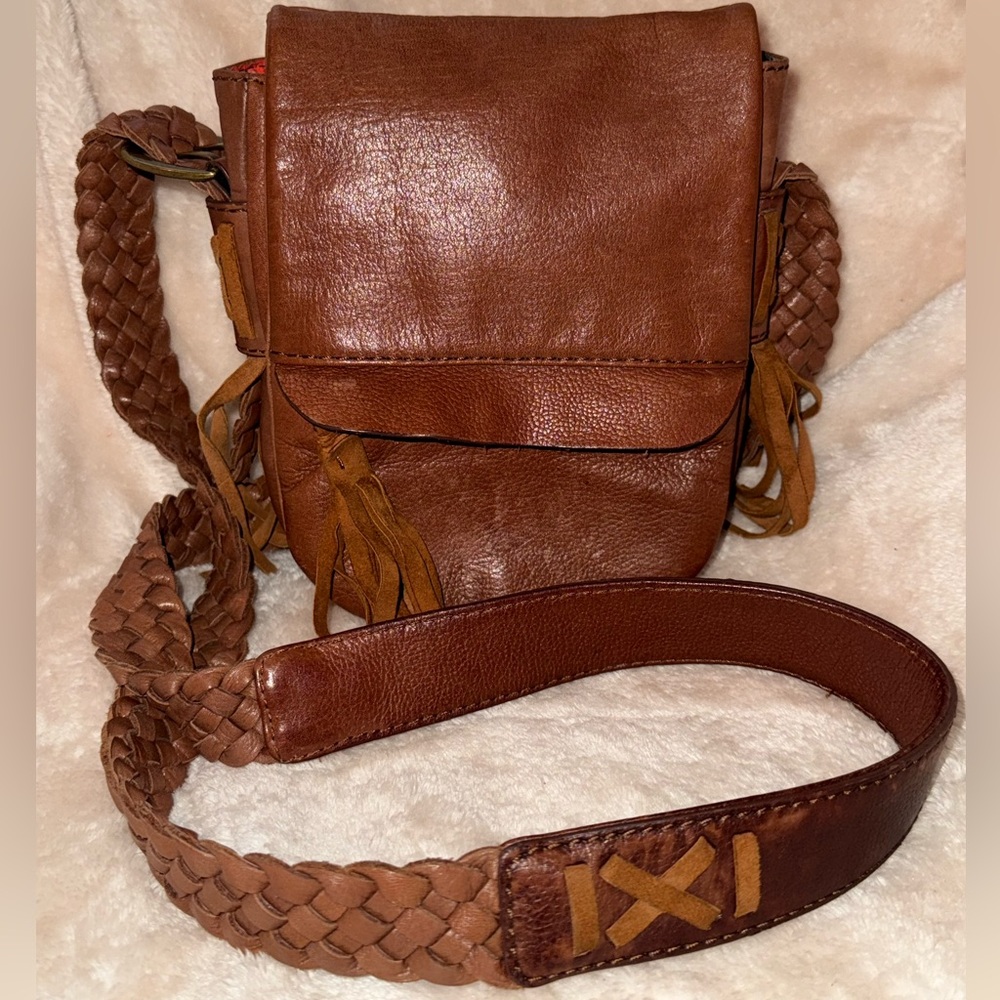 Boho Vintage Nordstrom Genuine Leather Crossbody Bag w Braided Strap Fringe EUC!
